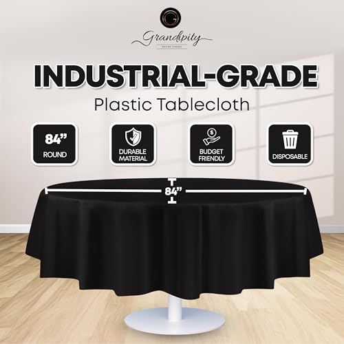 Grandipity Plastic Table Cloth Disposable 12 Pack 84" Round Black | Plastic table covers, durable disposable tablecloths, fade and tear-resistent table cover for party, event - color: Black, size: 84in. Round
