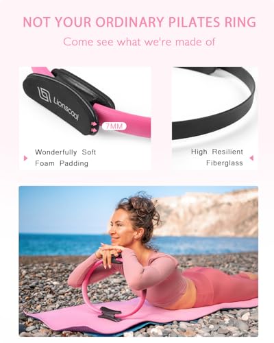 LIONSCOOL Pilates Ring Set 14" Magic Circle, 9" Mini Ball, Resistance Bands | Foam-Padded Fiberglass Pilates Ring, 400 lb Anti-Burst Ball, Latex Bands, Guide & Bag, Pilates Equipment Kit for Home Workout - color: Pink
