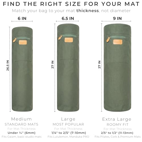 UDANA Canvas Yoga Mat Bag for Women & Men, Full-Zip Carrier with 3 Pockets & Adjustable Strap, Stylish Gym & Pilates Bag – Available in Multiple Sizes - color: Green, size: Large: 1/4" to 2/5" (7-10mm) Thick Mats