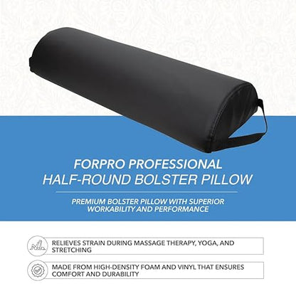 ForPro Premium Jumbo Half-Round Bolster Pillow for Massage and Yoga, Oil and Stain-Resistant, 9”W x 4.5" H x 26”L, Black