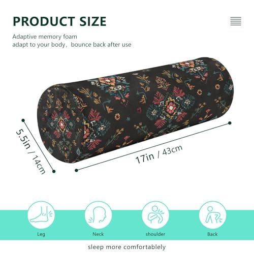 Black Boho Flower Neck Roll Pillow Bolster Round Health Memory Foam Long Cervical Cylinder Pillows with Removable Washable Cover for Body Bed Legs Back Yoga - color: Black Boho Flower