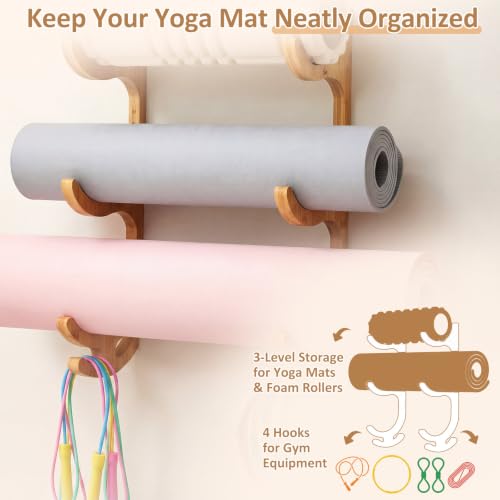 Junkin Yoga Mat Holder Wooden Wall Mount, Yoga Mat Gym Equipment Storage with 4 Hook Storage Holder for Hanging Foam Rollers and Resistance Bands for Home Gym or Fitness Class(Brown,3 Tier)