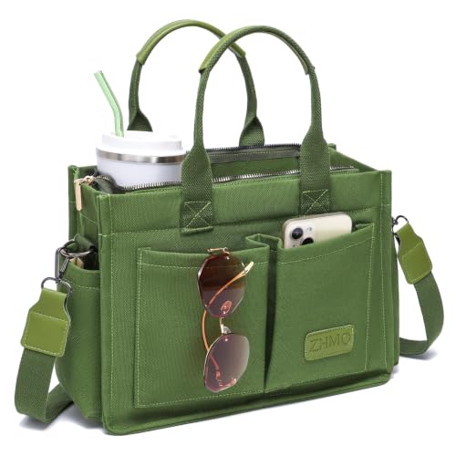 ZHMO Canvas Tote Bag for Women,Women's Bags Crossbody Bags Work Laptop Tote Bag Large Handbags Purse for Travel Nurse Teacher - color: New Upgrade Army Green With Compartments and Side Cup Holders