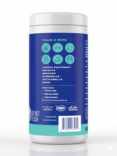 Vapor Fresh Fitness Equipment Cleaning Wipes, Lemon, 100ct, 1 Canister | Gym wipes, Free of quats, Home gym equipment wipes, For treadmills weights benches and more - size: 100 Count (Pack of 1)