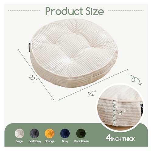 HIGOGOGO Floor Pillow Cushion for Adults, Meditation Cushion Pillow, Large Round Floor Sitting, Tufted Corduroy Cover, for Tatami Living Room or Yoga, 22x22 Inch, Beige - color: Round Beige, size: 4" Thick(Pack of 1)