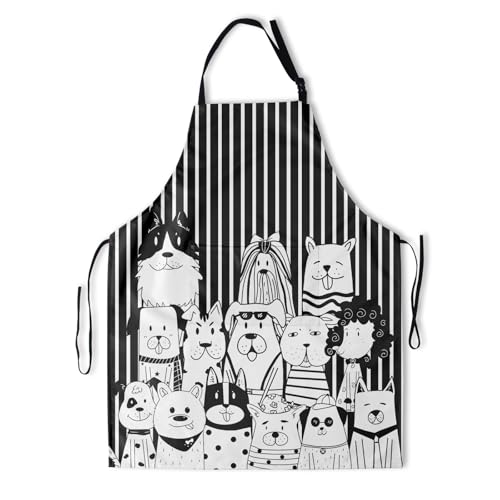 Art Apron with Pocket for Women Men | Kitchen Aprons Chef Apron for Cooking Baking BBQ Painting Gardening - color: Black Dogs With Stripes