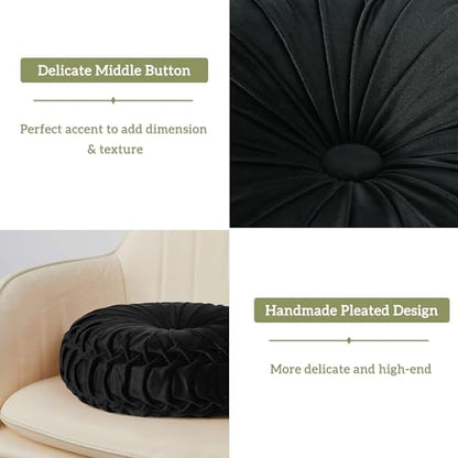 HIG Set of 2 Black Velvet Decorative Round Pleated Throw Pillows - color: Black