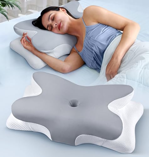 Effective Pain Relief Cervical Neck Pillow for Sleeping, Ergonomic Cooling Side Sleeper Pillow for Neck Support, Orthopedic Contour Memory Foam Pillows, Bed Pillow for Back Stomach Sleeper - color: Dark Grey&white