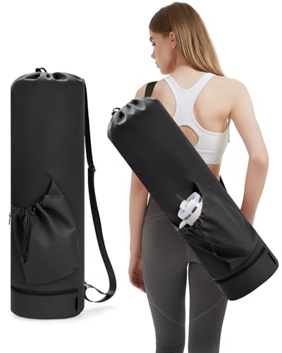 sportsnew Yoga Mat Bag with Water Bottle Pocket & Wet Pocket for Women - color: Black, size: Large