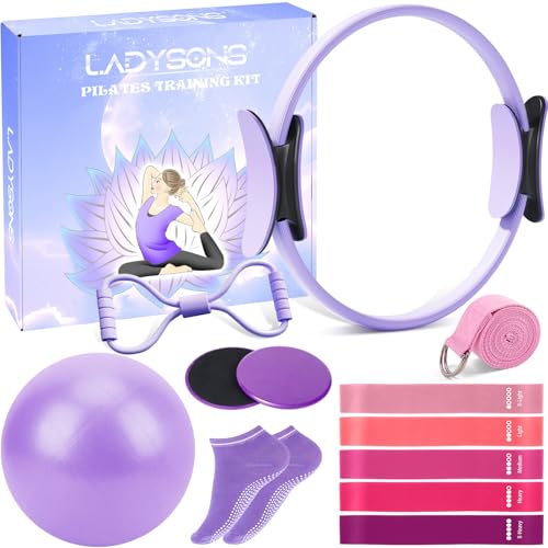Pilates Ring Set - Home Workout Equipment Set with 12.6'' Magic Circle, 9.8'' Ball, Sliding Disks, Resistance Bands & Training Poster etc, Pilates Kit for Beginners, Fitness Gift Idea