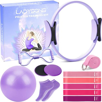 Pilates Ring Set - Home Workout Equipment Set with 12.6'' Magic Circle, 9.8'' Ball, Sliding Disks, Resistance Bands & Training Poster etc, Pilates Kit for Beginners, Fitness Gift Idea
