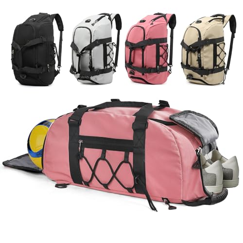 Womens Gym Bag, 30L Medium Size Sports Duffle Bag Backpack, Pink | with Ball Storage & Shoe Compartment & Wet Pocket & Yoga Mat Holder & Backpack Straps, Lightweight, Waterproof, Multi-Pocket