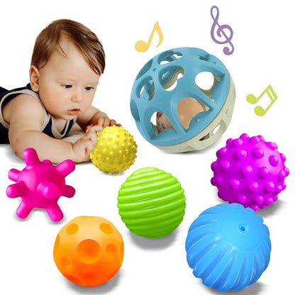Sensory Toys for Babies, Montessori Textured Baby Balls and Wheat Straw Rattle, Baby Toys for 6-12 Months, Ideal Newborn Gifts for Boys and Girls, Toddler Toys for 1-3 - style: Textured Balls & Blue Rattle Set