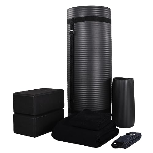 BalanceFrom 7-Piece Yoga Set with 71x24x1 Inches Extra Thick Mat and Carrying Sling – Includes 2 Blocks, Stretch Strap, 2 Towels, and Knee Pad for Home, Studio, and Gym Workouts - color: Black