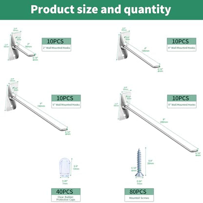 40 Pcs Stainless Steel Wall Mounted Hooks with Protective Caps and Screws, 2" 4" 6" 8" Coat Bag Hat Utility Hook, Garage Tools Storage Organizer & Hanger for Office Kitchen Home Shop - size: 2", 4", 6", 8"