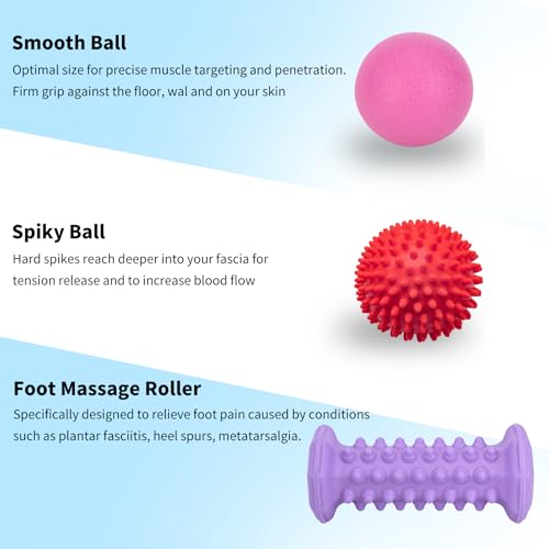 Purple Foot Massager Roller for Plantar Fasciitis, Arch & Heel Pain Relief | Includes Foot Roller, lacrosse and spiky massage balls for deep tissue trigger point muscle therapy and neuropathy relief - color: Purple Combination