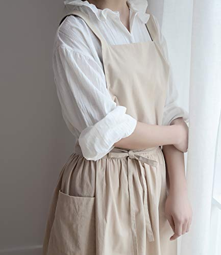 Cotton Pleated Apron Retro Waterdrop Proof Garden Cleaning Pinafore Dress - color: Wheat