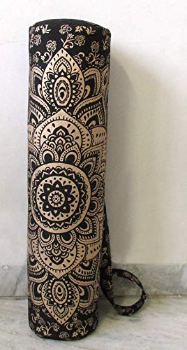 ICC Black Gold Mandala Full-Zip Exercise Yoga Mat Carry Bag Gym Beach Pilates Carrier Bags Hippie Mandala Indian Cotton Bag - style: Black Gold Flower