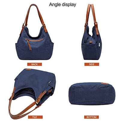 Worldlyda Women Canvas Hobo Purse Multi Pocket Tote Shopper Shoulder Bag Casual Top Handle handbag with Embroidery Ethnic - color: Be06dark Blue