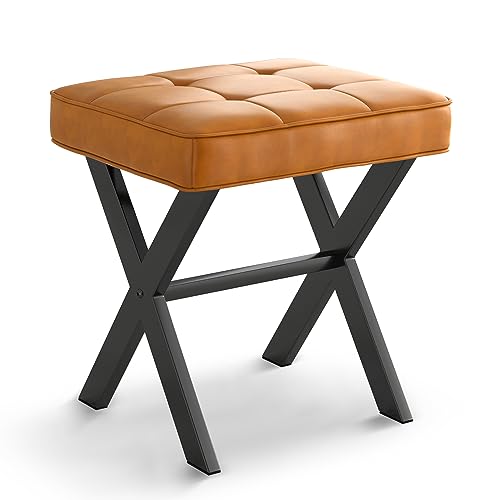 LUE BONA Vanity Stool, Faux Leather X-Leg Foot Stool, Small Ottoman Makeup Stool Chair for Vanity, Modern Padded Foot Rest Vanity Seat for Makeup Room, Bathroom, Whiskey Brown - color: Whiskey Brown