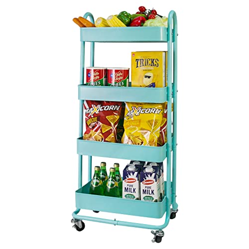 elabo 4-Tier Metal Mesh Utility Rolling Cart, Storage Organizer Trolley Services Cart with Lockable Wheels for Kitchen, Bathroom, Living Room (Blue) - color: Blue