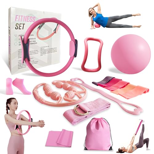 Home Workout Pilates Kit for Women, Better me Pilates Ring and Ball Set Essentials Equipment, with 5 Resistance Bands, Massager Roller, Yoga Starter Accessories for Toning Arms, Thighs & Core - color: Pink -14 Pcs
