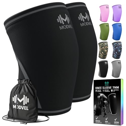 Modvel Strength 7mm Knee Sleeves (Pair) for Weightlifting & Powerlifting (USPA, IPL, IWF & USAW Approved) | High-Performance Knee Compression Support For Squats, Weight Lifting - Men and Women - color: A BLACK, size: Small