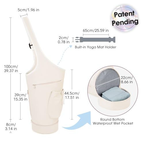 sportsnew Yoga Mat Bag, Large Opening Long Tote Yoga Mat Carrier Holder Bag with Waterproof Wet Pocket and Drawstring Water Bottle Pocket, Adjustable Shoulder Strap Storage Bag, patent pending - color: Beige