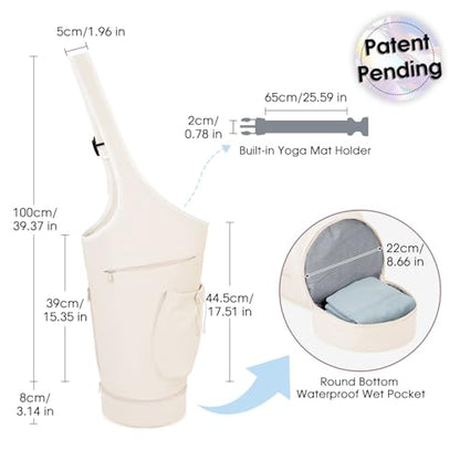 sportsnew Yoga Mat Bag, Large Opening Long Tote Yoga Mat Carrier Holder Bag with Waterproof Wet Pocket and Drawstring Water Bottle Pocket, Adjustable Shoulder Strap Storage Bag, patent pending - color: Beige