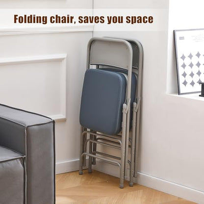 Padded Folding Chair Indoor Metal Frame Foldable Chair Blue | Comfortable Thick Vinyl Cushion Seat Durable Elegant Upholstered Single Chair for Small Space Home, Office and Events - color: Blue