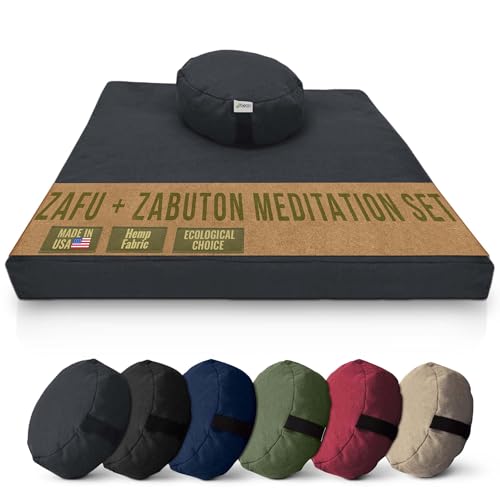 Meditation Cushion Mat Set HEMP - Round Zafu Floor Pillow Organic Buckwheat Pillow + Cotton Filled Zabuton Prayer Pad - Meditation Pillow Yoga Knee Pad - Made in USA - 14" Round, SHADOW GRAY Hemp - color: Shadow Gray - Hemp, size: Round Combo
