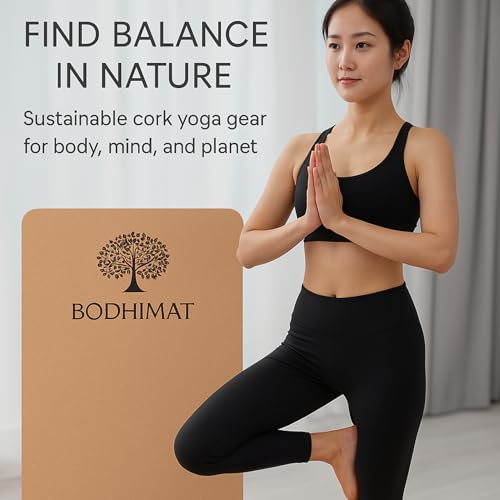 Cork Yoga Mat for Hot Yoga – Sweat-Activated Grip, 4mm Stable Support, Natural Cork Surface + Non-Slip TPE Base, 72” x 24”, Pilates & Fitness Mat with Carry Strap