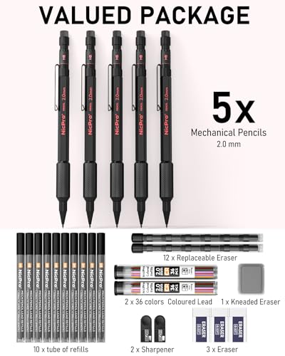 Nicpro 2mm Metal Mechanical Pencils Set with Case, 5 Pack Black | 65 Lead Refills (6B 4B 2B HB 2H 4H Color), Eraser, Weatherproof Metal Barrel, Heavy Duty Carpenter Pencil For Writing Drawing - size: 5 Pack