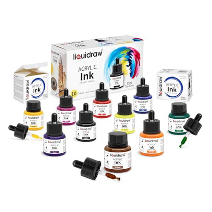 Liquidraw Acrylic Drawing Ink - 10 x 1.18 fl oz (35 ml) Bottles with Ink Dropper | Suitable for Painting, Art Drawing & Design | Great for Professionals, Artists, Students & Hobbyists | Craft Gift - style: Set of 10 (Assorted Colours)