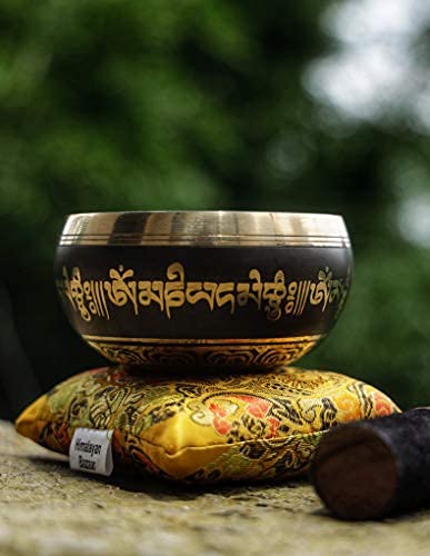 Tibetan Singing Bowl Set Bronze - Master Healing Grade - With Tibetan Thangka Art - Pure Tone By HIMALAYAN BAZAAR (Black & Yellow) - color: Black - Yellow