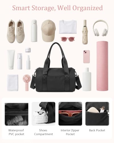 Small Gym Bag for Women, 11L Mini Duffle Bag with Shoe Compartment, Wet Pocket & Yoga Mat Holder, Lightweight Carry On Sport Bag for Gym, Yoga, Dance & Overnight Trips - Black - color: Black