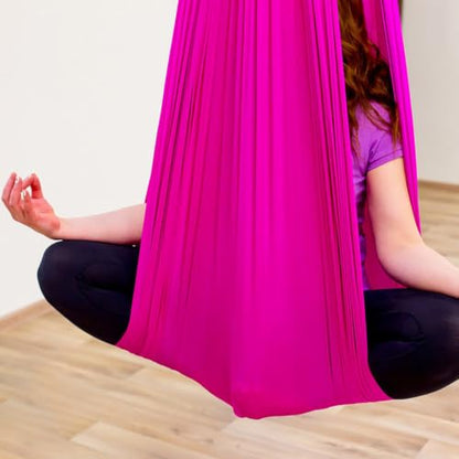 Aerial Yoga Hammock L:5M W:2.8M 5.5 Yards Aerial Pilates Silk Yoga Swing Set with 2000 Ibs Load Include Daisy Chain, Pose Guide - color: Pink