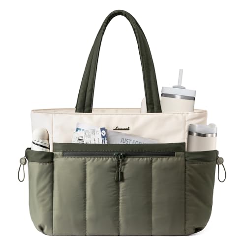 LOVEVOOK Puffer Laptop Bag for Women, Ultra-Lightweight Work Bag Tote w/Organized Compartments, 15.6/17.3“, for Travel&Work - color: Sage Green, size: 15.6 Inch