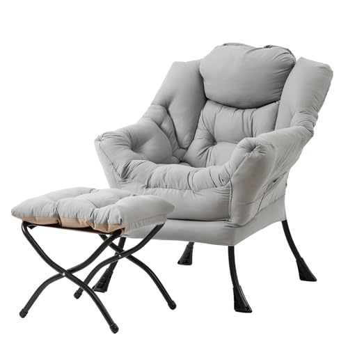 Tiita Lazy Chair with Ottoman, Comfy Reading Accent Chair, Light Grey - color: Peach Skin Light Grey