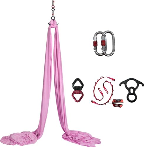 Durable Aerial Silks Starter Kit with 11-Yard Yoga Hammock & Hardware | Aerial Swing for Acrobatic Flying Yoga & All Levels, Aerial Rigging Point up to 14ft, Durable, Safe - color: Cherry Pink