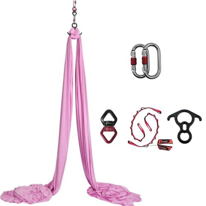 Durable Aerial Silks Starter Kit with 11-Yard Yoga Hammock & Hardware | Aerial Swing for Acrobatic Flying Yoga & All Levels, Aerial Rigging Point up to 14ft, Durable, Safe - color: Cherry Pink
