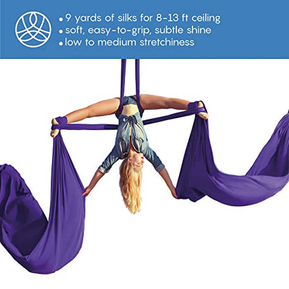 Aerial Silks Starter Kit, 9 Yards, Aerial Yoga Hammock, Hardware | Knitted fabric with pose guide, for aerial yoga, gymnastics, silk swing, stretching and home gym use, suitable for all levels - color: Royal Purple
