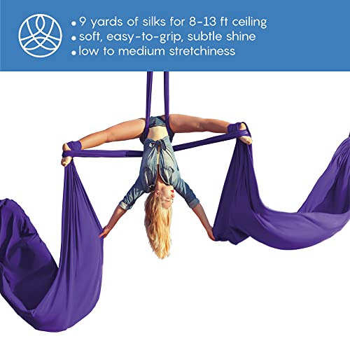 Aerial Silks Starter Kit, 9 Yards, Aerial Yoga Hammock, Hardware | Knitted fabric with pose guide, for aerial yoga, gymnastics, silk swing, stretching and home gym use, suitable for all levels - color: Royal Purple
