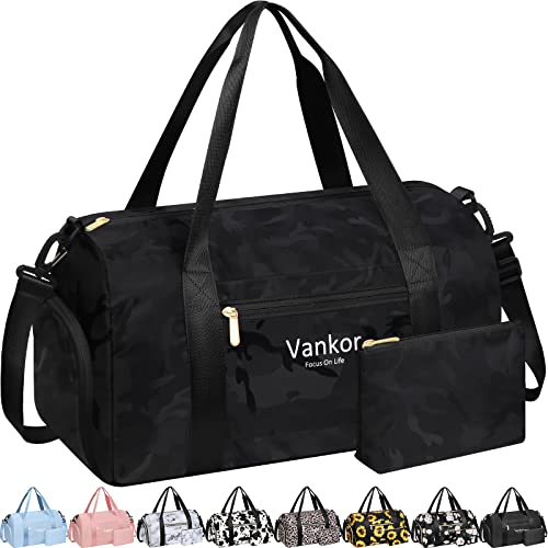 Vankor Gym Bag for Women, 17.5 inch Sports Duffle Bag with Shoe Compartment - color: Camo Black