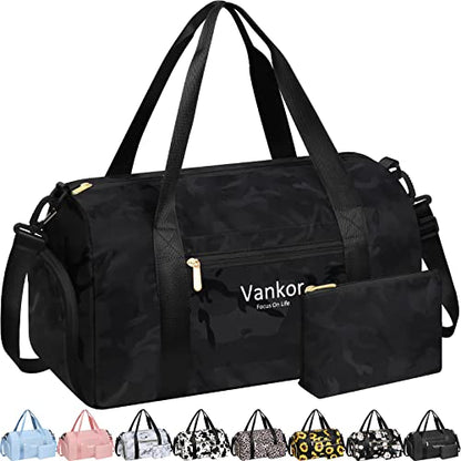Vankor Gym Bag for Women, 17.5 inch Sports Duffle Bag with Shoe Compartment - color: Camo Black