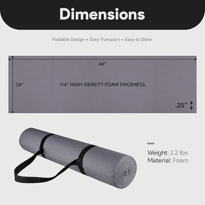 Fitvids All Purpose 1/4-Inch High Density Anti-Tear Exercise Yoga Mat with Carrying Strap, Multiple Colors - color: Gray