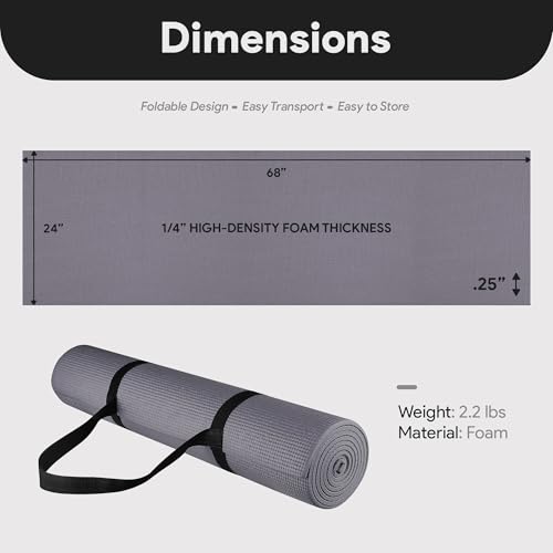 Fitvids All Purpose 1/4-Inch High Density Anti-Tear Exercise Yoga Mat with Carrying Strap with Optional Yoga Blocks, Multiple Colors - color: Gray