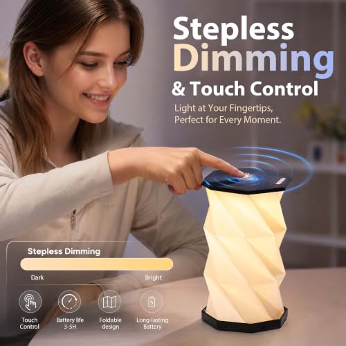 Portable Foldable Table Lamp, Japanese Gift, Paper Lantern Lights | Touch Control Dimmable Lamp with 3 Adjustable Heights, Rechargeable Warm Light, Travel Gifts for Women Men Couples (Black) - color: Black