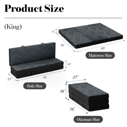 Vamcheer Folding Mattress King Size Foldable Mattress 6 inch 80"x76"x6" | Tri Folding Mattress Trifold Memory Foam Mattress with Washable Cover, Handle & Non-Slip Bottom for Travel Camping Guest - size: King-6 inch