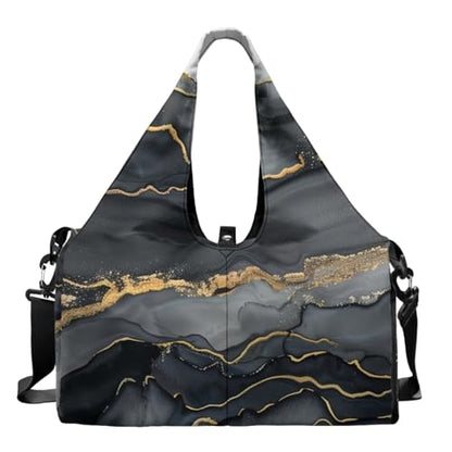 Yoga Gym Bag with Removable Adjustable Shoulder Strap, Shoe Compartment & Top Yoga Mat Holder 17.72x8.66x9.84in - color: Black Marble Textured Print